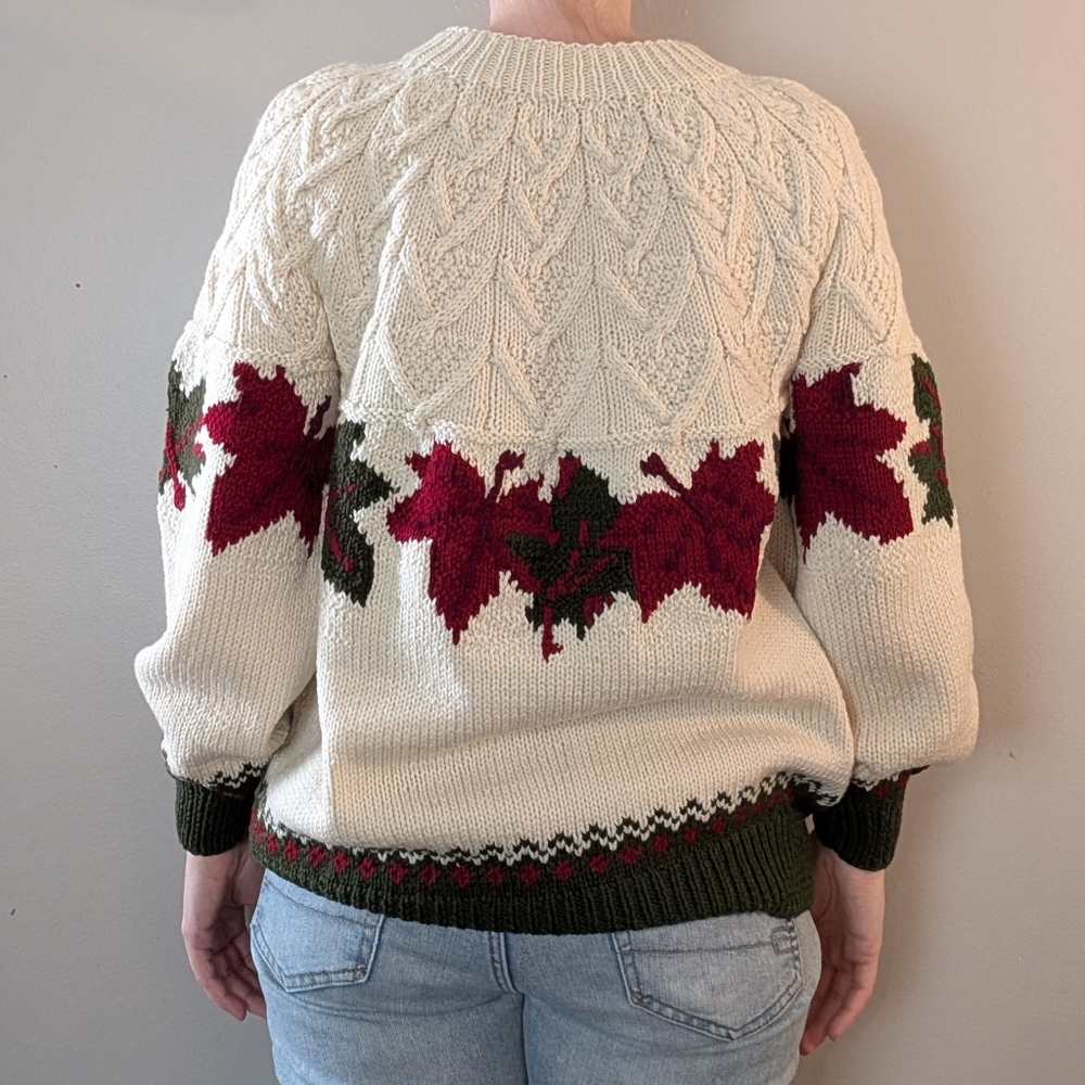 Handmade Knit Sweater, Cream w Red & Green Leaves, Crewneck Pullover Sweater - Picture 5 of 14